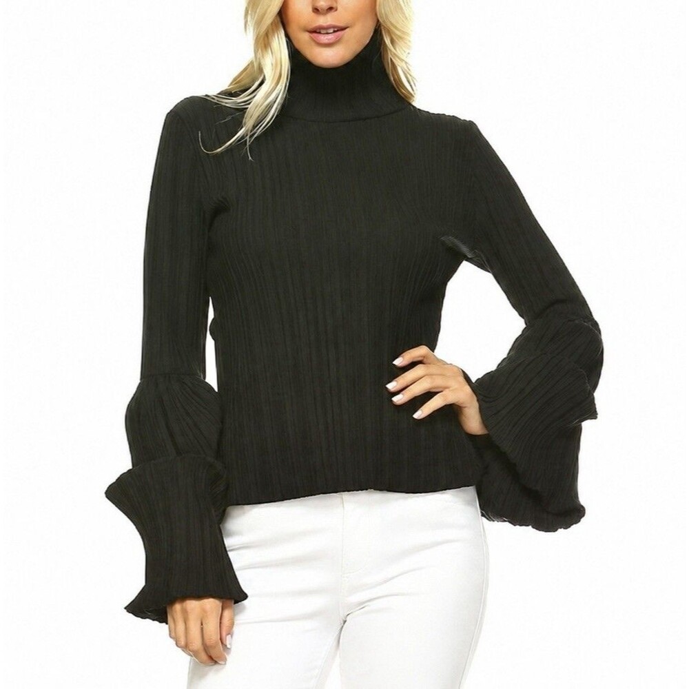 TOV Los Angeles Black Turtleneck Ribbed Bishop Sleeve Top Size 42 EU / 10 US